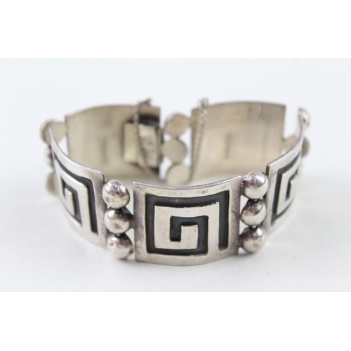 258 - Taxco Mexico Sterling Silver Greek Key Panel Bracelet 47g