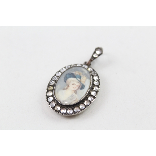 277 - Antique Silver Hand Painted Portrait Pendant w/ Paste Stones 9g