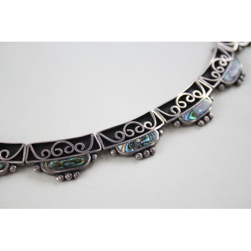 328 - Taxco Mexico Sterling Silver Abalone Panel Necklace 86g