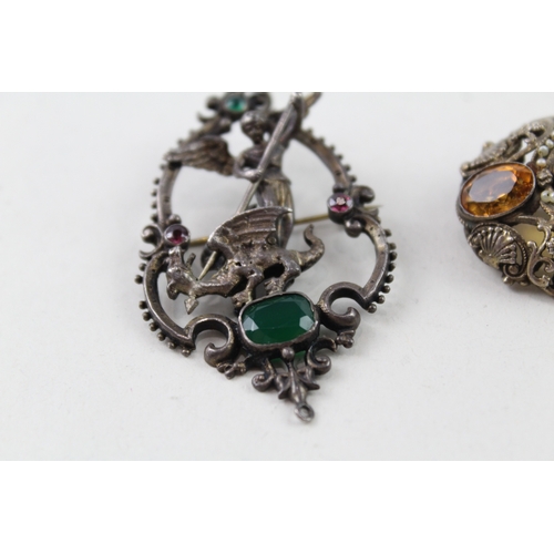 341 - Collection of Antique Silver Austro-Hungarian Brooches inc. Gemstone x 2 33g