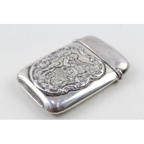 363 - Antique / Vintage Stamped .925 Sterling Silver Fishing Scene Vesta Case (26g)