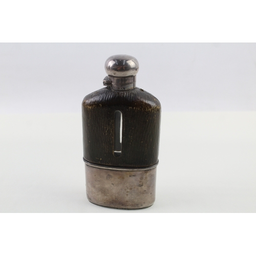 364 - Antique Edwardian 1906 London Sterling Silver & Leather Gents Hip Flask (280g)