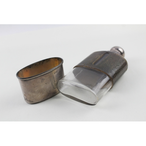 364 - Antique Edwardian 1906 London Sterling Silver & Leather Gents Hip Flask (280g)