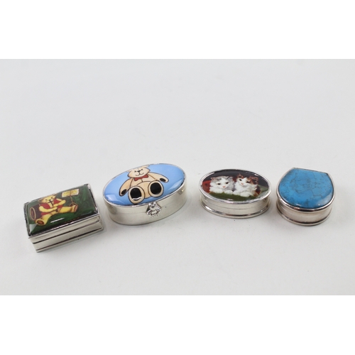 372 - 4 x Vintage .925 Sterling Silver Pill / Trinket Boxes Inc Novelty, Enamel (92g)