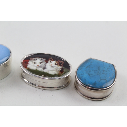 372 - 4 x Vintage .925 Sterling Silver Pill / Trinket Boxes Inc Novelty, Enamel (92g)