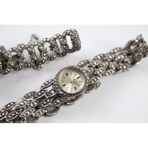 429 - Women Vintage 925 Silver Marcasite Watch Hand-Wind Working x 2