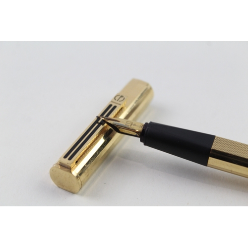 444 - Vintage DUNHILL Gold Plated Cased Fountain Pen w/ 14ct Gold Nib, Enamel Detail