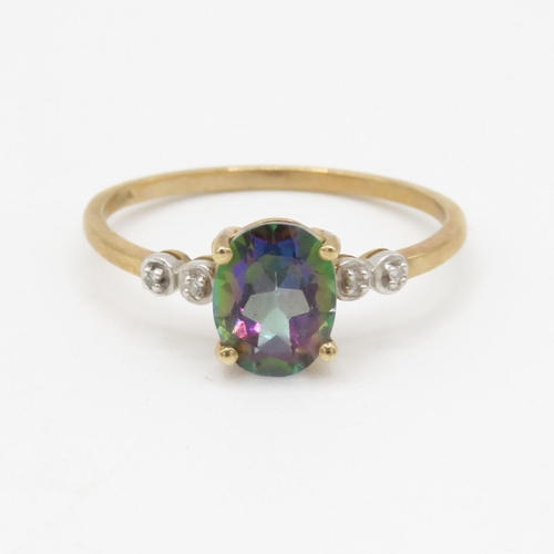 216 - 9ct gold mystic topaz & diamond dress ring (2.3g) Size V