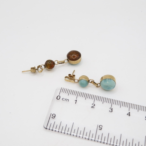 128 - 9ct gold amber and larimar drop earrings (3.2g)