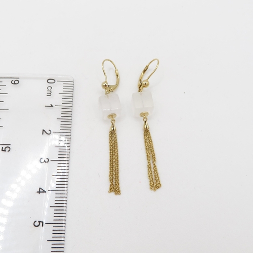 129 - 9ct gold milky quartz drop earrings (3g)