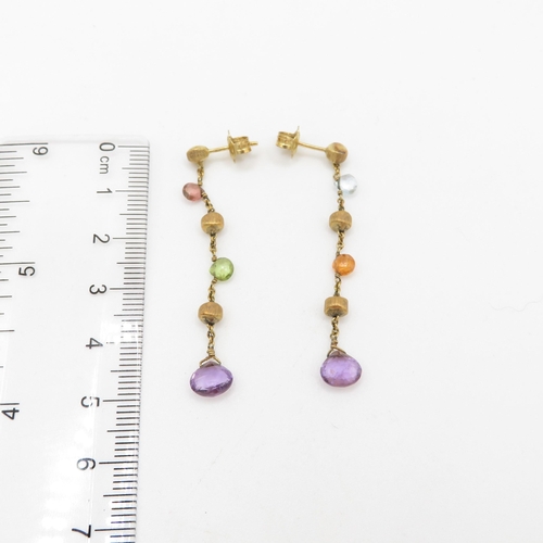 130 - 18ct gold multi-gemstone drop earrings, gemstones including: amethyst, citrine, peridot, topaz & tou... 