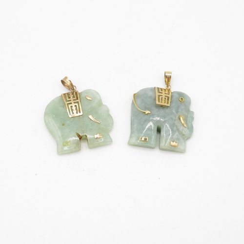 160 - 2 x 9ct gold and jade elephant pendants (14.4g)