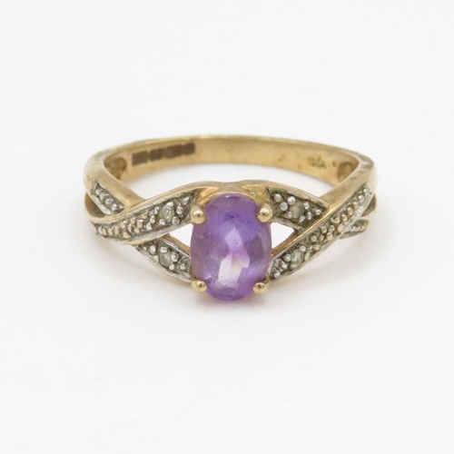 188 - 9ct gold diamond and amethyst twist ring (2.2g) Size M 1/2