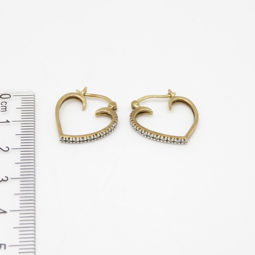 199 - 9ct gold diamond heart hoop earrings (2.3g)