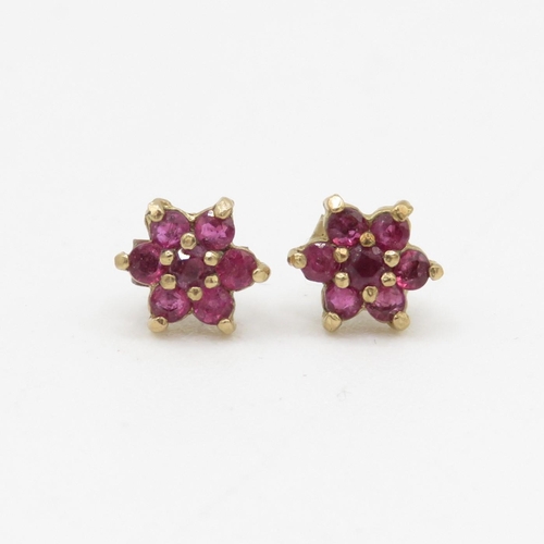 201 - 9ct gold ruby floral cluster stud earrings (0.6g)