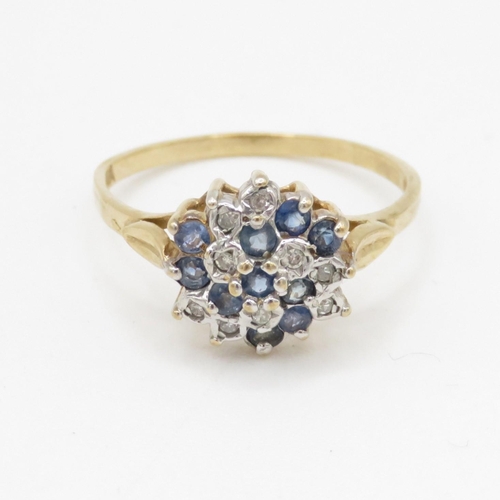 203 - 9ct gold diamond & sapphire floral cluster ring (2.1g) Size P