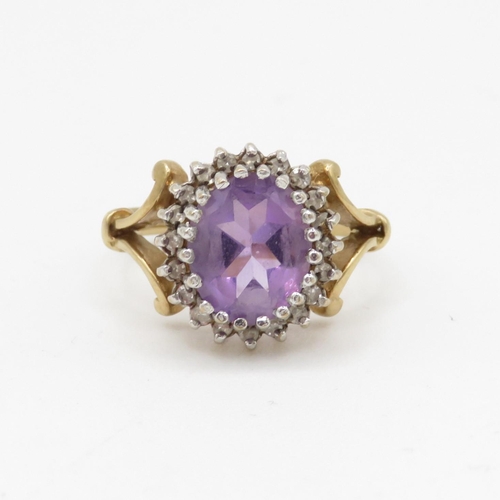 213 - 9ct gold diamond and amethyst halo set ring (3.5g) Size K 1/2