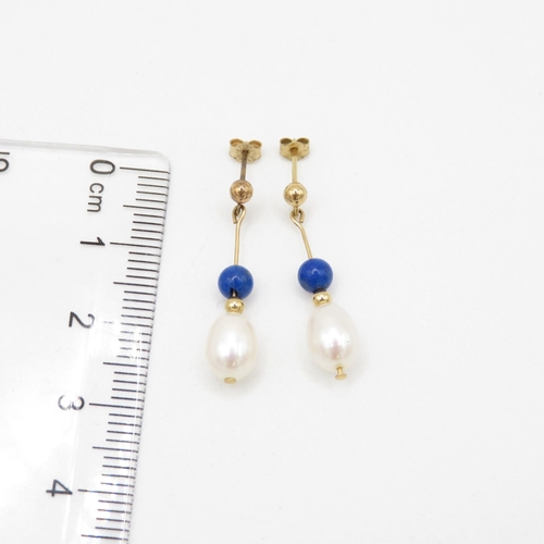 228 - 14ct gold cultured pearl and lapis lazuli drop earrings with 9ct backs (1.3g)