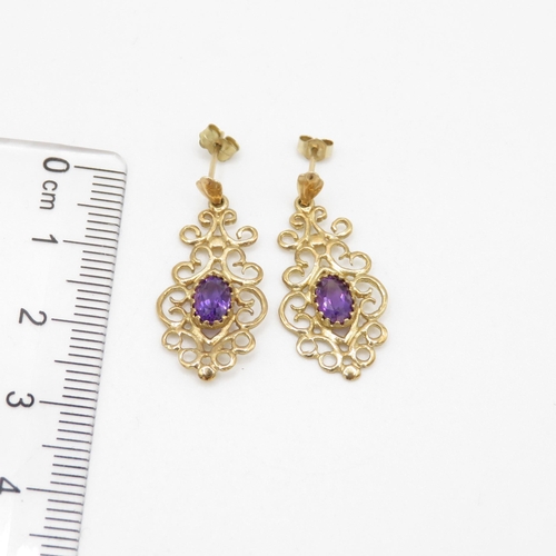 233 - 9ct gold amethyst framed drop earrings (1.8g)