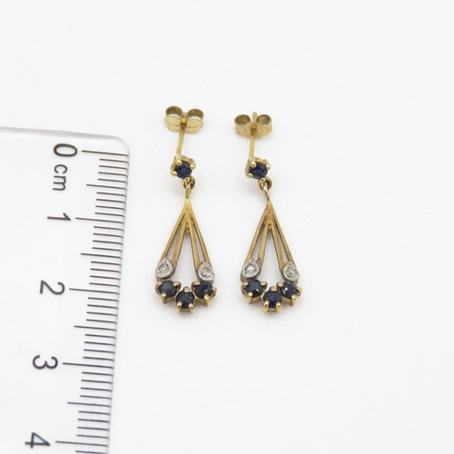 240 - 9ct gold diamond & sapphire drop earrings (1.5g)