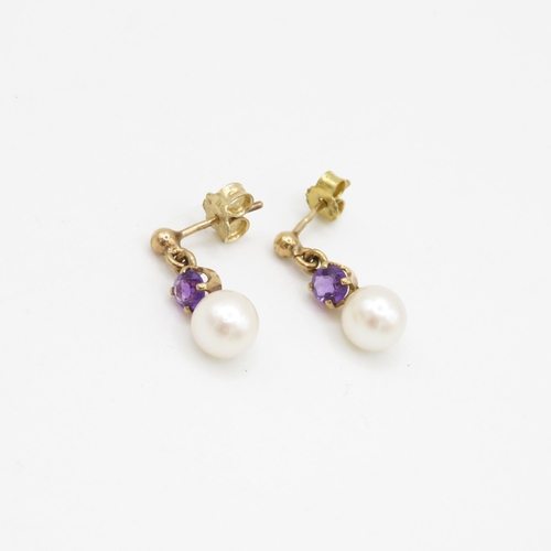 245 - 9ct gold amethyst & cultured pearl drop earrings (1.9g)