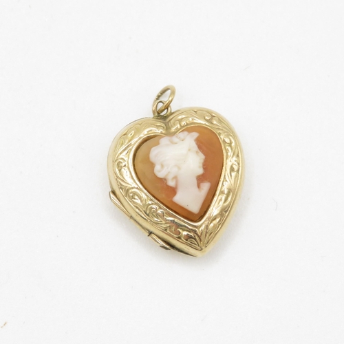 250 - 9ct gold back & front shell cameo heart locket pendant (4.2g)