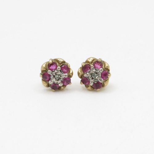 36 - 9ct gold ruby and diamond flower cluster stud earrings (1.2g)