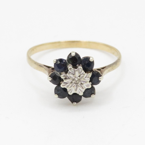 87 - 9ct gold diamond and sapphire cluster ring (2.1g) Size T