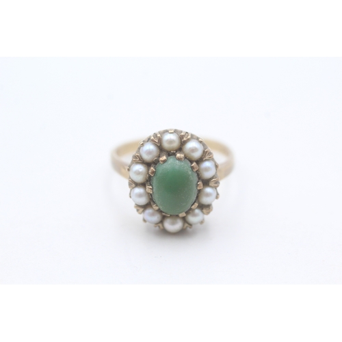 10 - 9ct gold cultured pearl and green turquoise ring (4.2g) Size Q