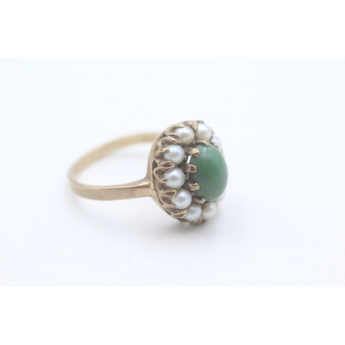 10 - 9ct gold cultured pearl and green turquoise ring (4.2g) Size Q