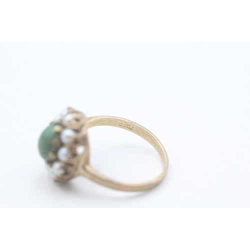 10 - 9ct gold cultured pearl and green turquoise ring (4.2g) Size Q