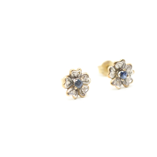 111 - 9ct gold sapphire and diamond halo stud earrings (1.1g)