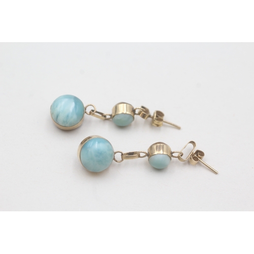 128 - 9ct gold amber and larimar drop earrings (3.2g)