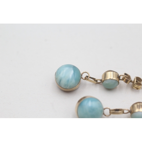 128 - 9ct gold amber and larimar drop earrings (3.2g)