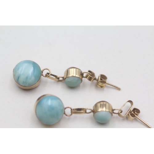 128 - 9ct gold amber and larimar drop earrings (3.2g)