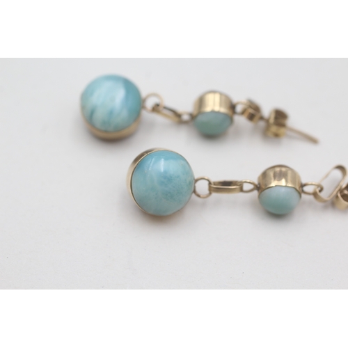 128 - 9ct gold amber and larimar drop earrings (3.2g)