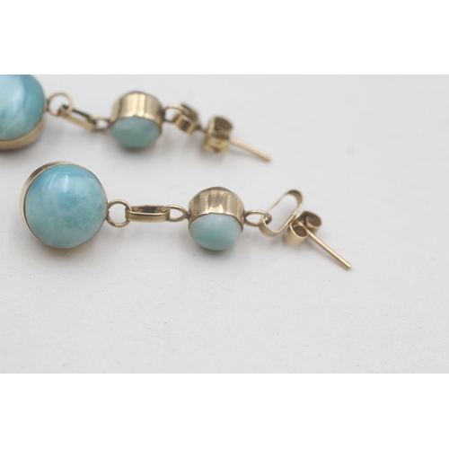 128 - 9ct gold amber and larimar drop earrings (3.2g)