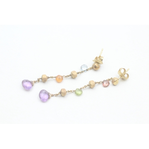 130 - 18ct gold multi-gemstone drop earrings, gemstones including: amethyst, citrine, peridot, topaz & tou... 