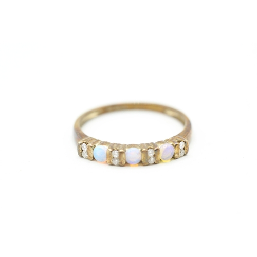 161 - 9ct gold opal and diamond row ring (1.8g) Size S