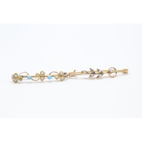 178 - 2 x 9ct gold seed pearl and turquoise pin brooch (2.6g)