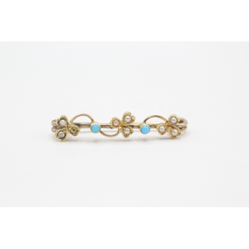 178 - 2 x 9ct gold seed pearl and turquoise pin brooch (2.6g)