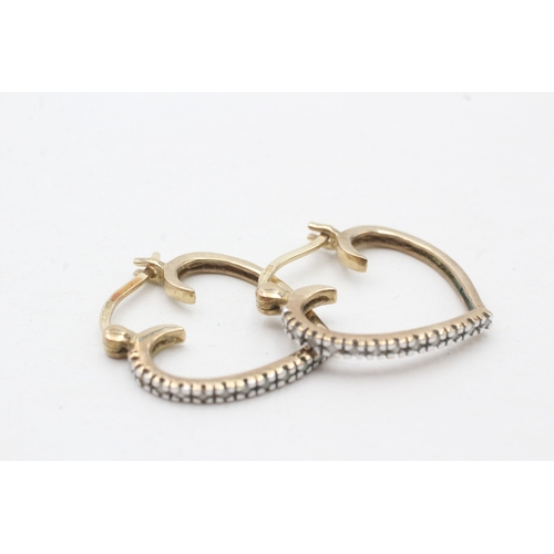 199 - 9ct gold diamond heart hoop earrings (2.3g)