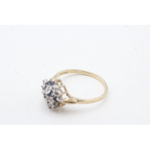 203 - 9ct gold diamond & sapphire floral cluster ring (2.1g) Size P