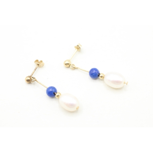 228 - 14ct gold cultured pearl and lapis lazuli drop earrings with 9ct backs (1.3g)