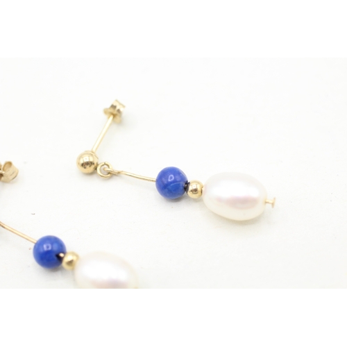 228 - 14ct gold cultured pearl and lapis lazuli drop earrings with 9ct backs (1.3g)