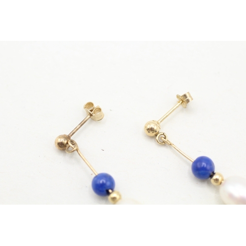 228 - 14ct gold cultured pearl and lapis lazuli drop earrings with 9ct backs (1.3g)