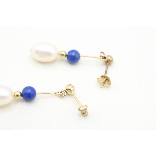 228 - 14ct gold cultured pearl and lapis lazuli drop earrings with 9ct backs (1.3g)