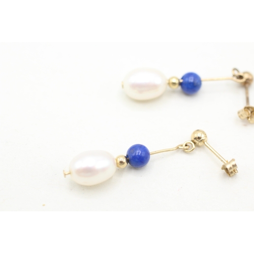 228 - 14ct gold cultured pearl and lapis lazuli drop earrings with 9ct backs (1.3g)