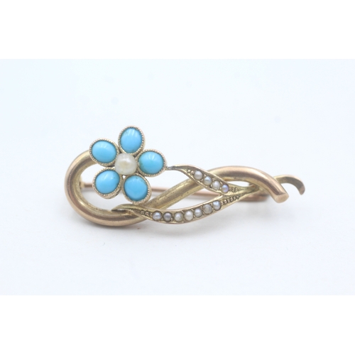 23 - 9ct gold turquoise split pearl brooch (2.5g)