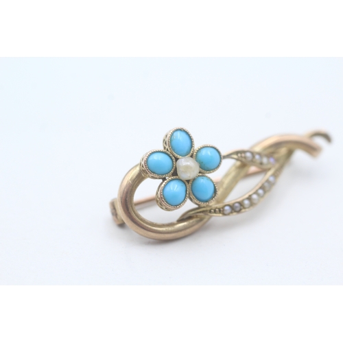 23 - 9ct gold turquoise split pearl brooch (2.5g)